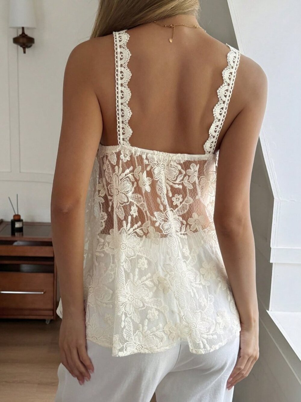 Apricot Boho Women's Loose V Neck Sheer Lace Jacquard Spaghetti Strap top - Picture 2 of 7